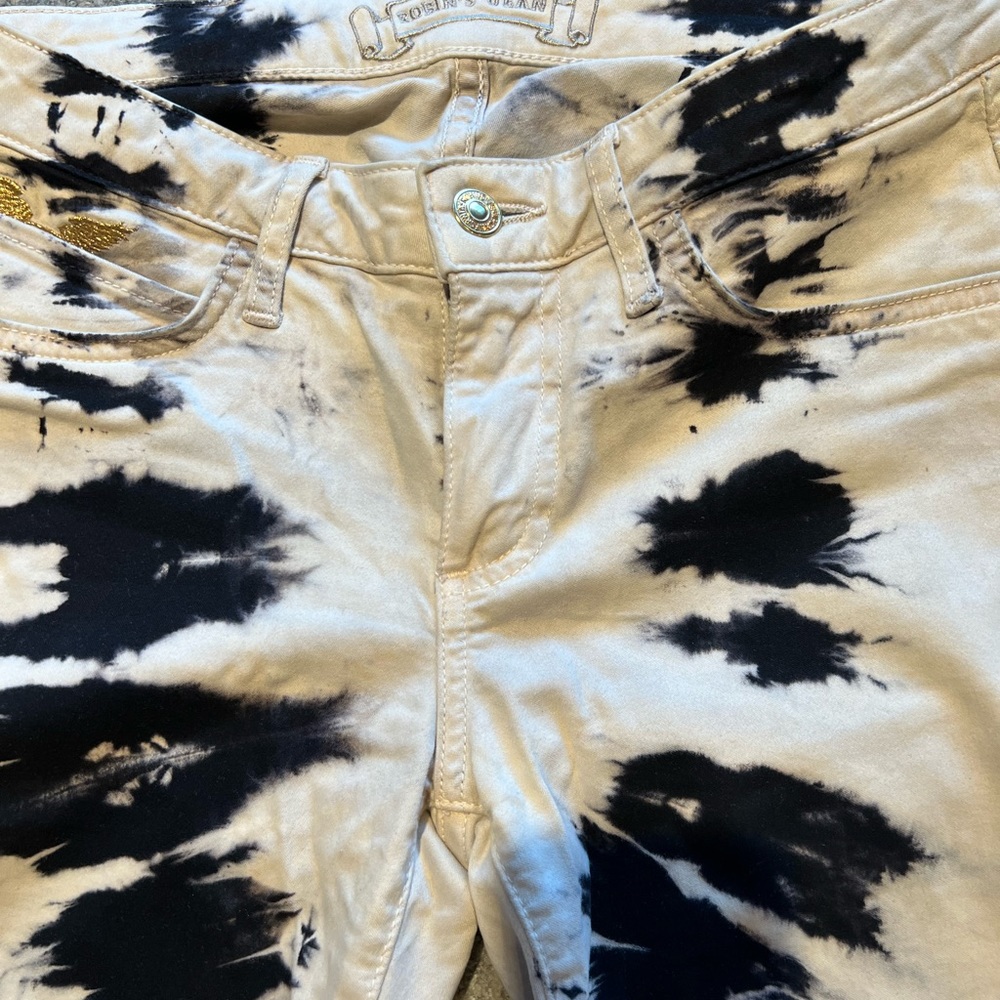 Abstract feather printed jeans.  Black print on off white jeans